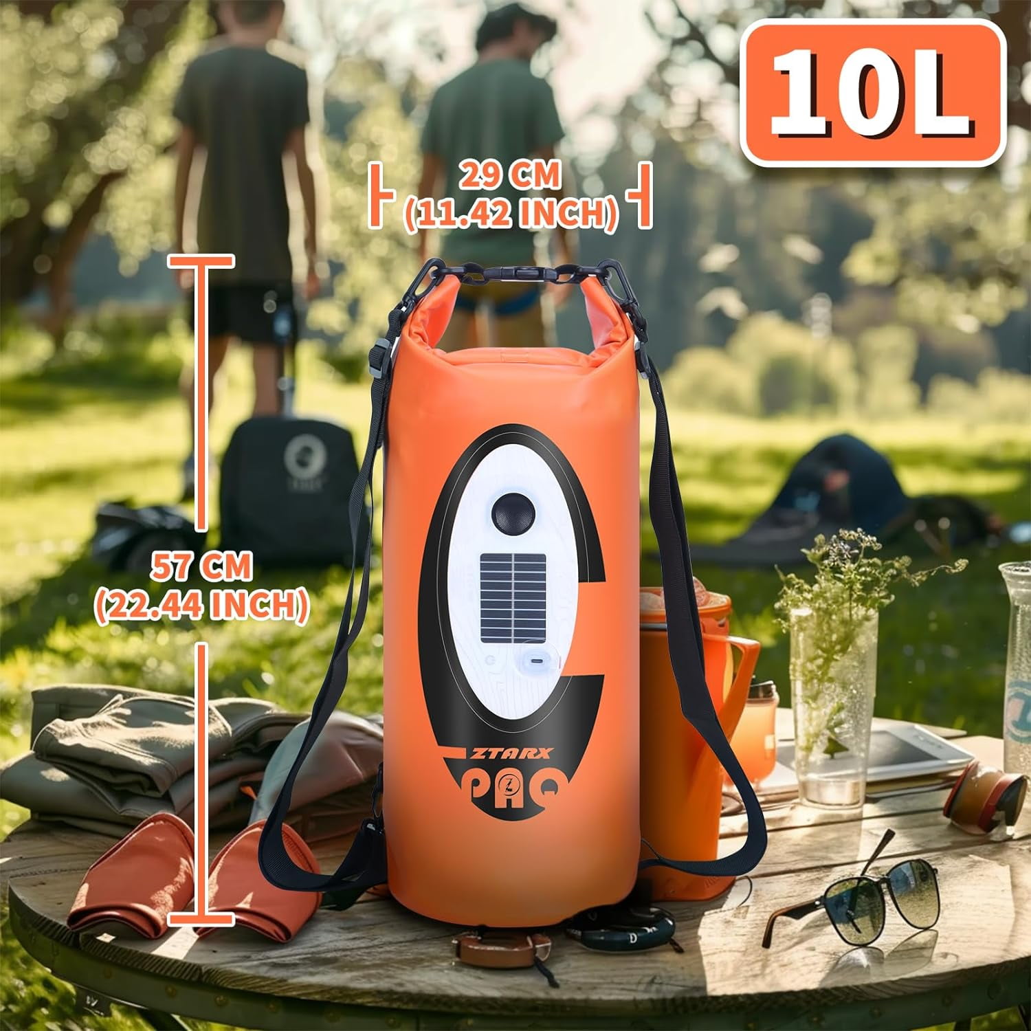 Solar/Battery Powered Multi-Functional Waterproof Backpack, Bluetooth Speaker, IP66 Waterproof Dry Bag, Heavy Duty Roll Top Closure, Large Capacity Bag for Camping, Hiking, Traveling (Orange 10L)