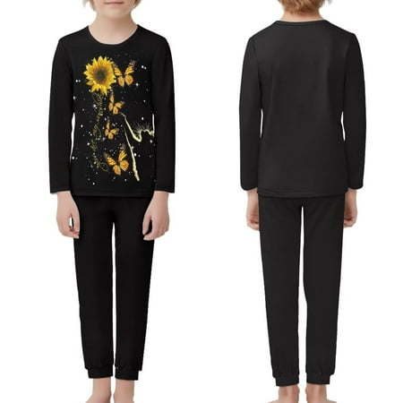

NETILGEN Sunflowers & Butterflies 2 Pcs Trendy Pajamas for Teens Girls Crewneck Youth Pajamas Pants Skin Friendly Long Sleeve Children Pajama Sets Fit 13-14Y