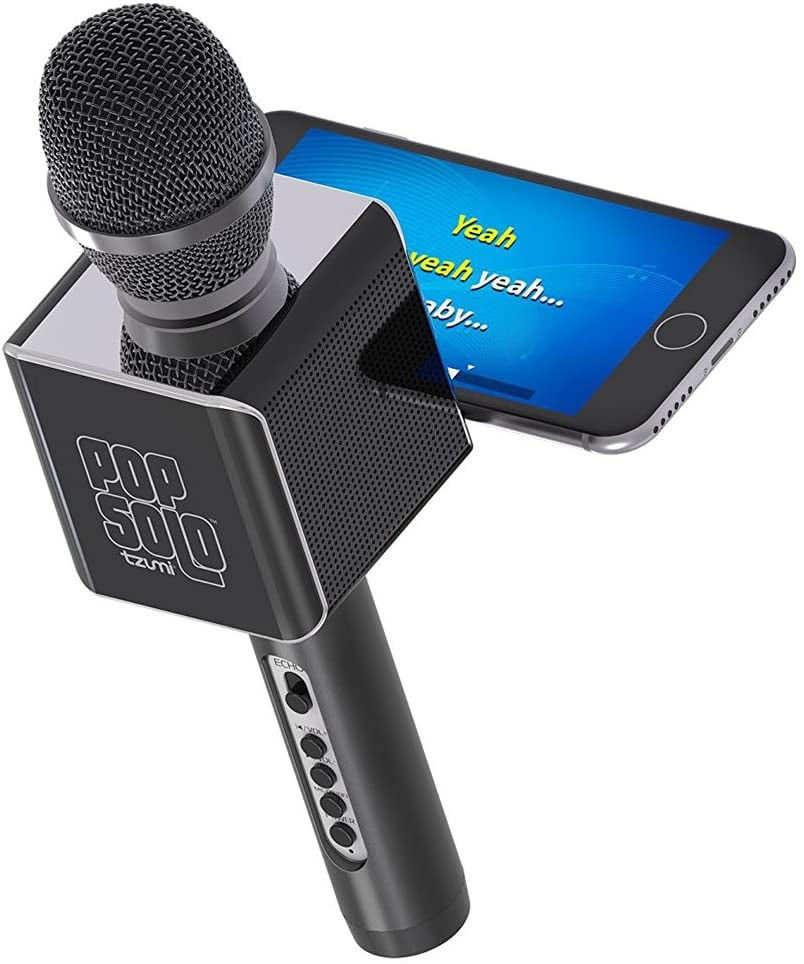 Tzumi PopSolo 2200mAh Battery Dual Stereo Speakers 5 Mixing Controls. Portable Wireless Bluetooth Karaoke Microphone Black 