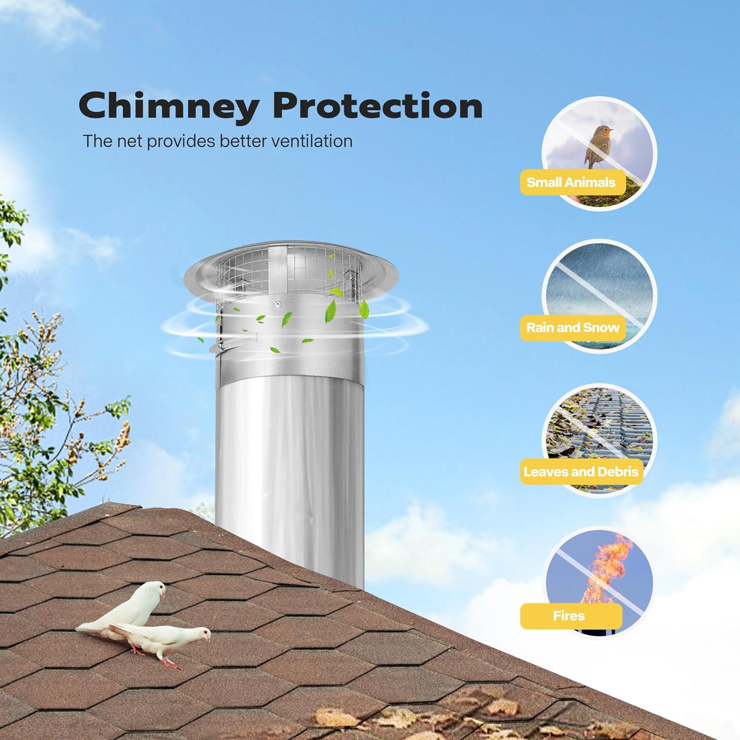 SPECSTAR 8" Cone Top Chimney Cap with Screen, Round Roof Rain Chimney Cover, Stainless Steel Fireplace Exhaust Cap, Adjustable Roof Cap for Vent