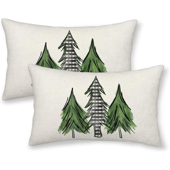 Christmas Pillow Covers 12x20 Set of 2, Watercolor Christmas Tree Throw Pillows Winter Buffalo Plaid Decorative Cushion Case Christmas Decorations for Home Couch Sofa