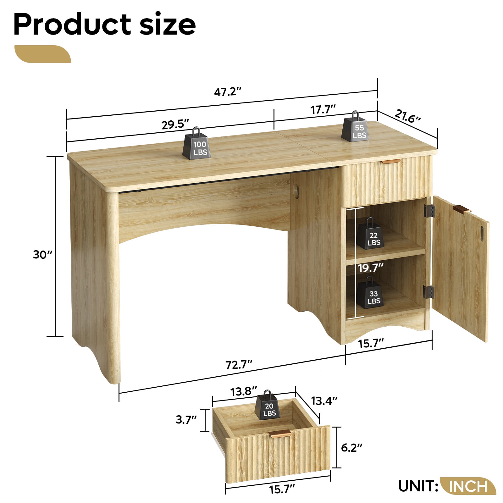 Bestier 47" Computer Desk with Drawer, Modern Home Office Desk with Storage Cabinet, Fluted PC Study Writing Desk for Small Spaces, Oak