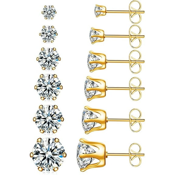 Cterwk 6 Pairs Small Stud Earrings for Women Stainless Steel Earrings 2-7mm Cubic Zirconia Stud Earrings, Gold