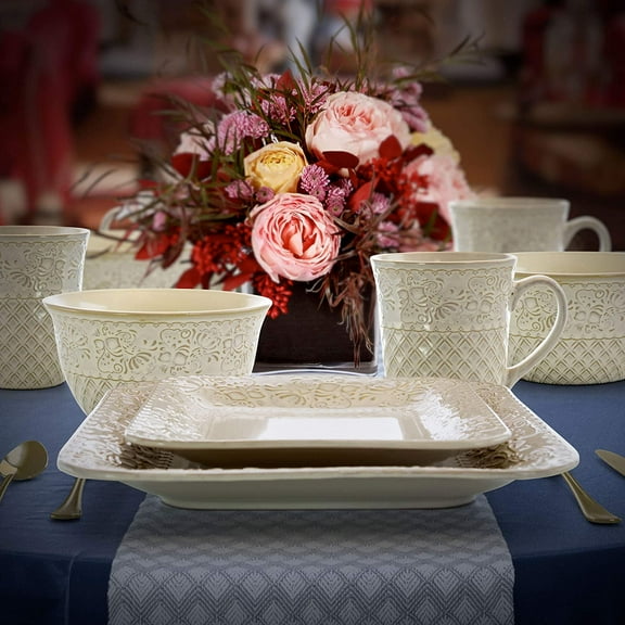 Ivory Lotus 16 Piece Square Dinnerware Set