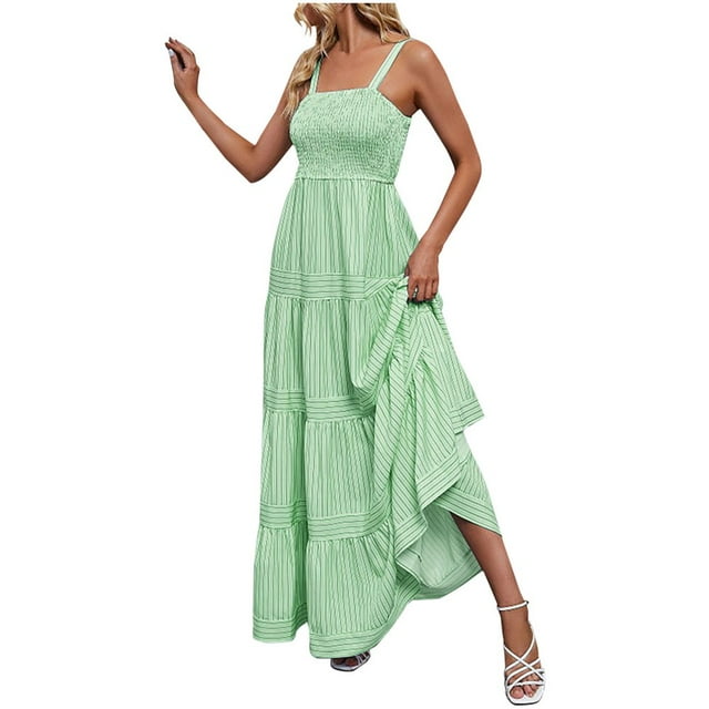 Robe d'Été Bohème Sans Manches à Bretelles Spaghetti Smockée Longue Maxi Robe de Plage