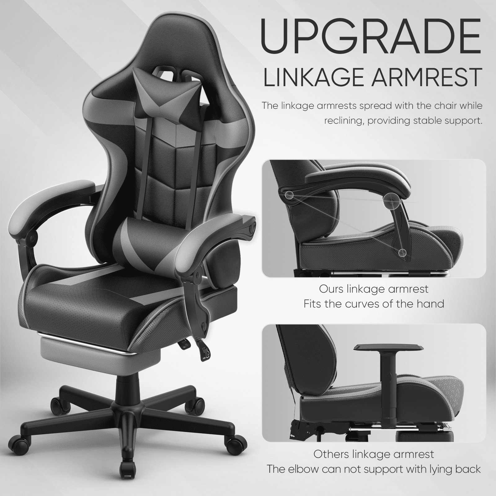 Soontrans Gaming Chair with Footrest and Ergonomic Massage Lumbar Pillow PU Leather Office Chair, Gray