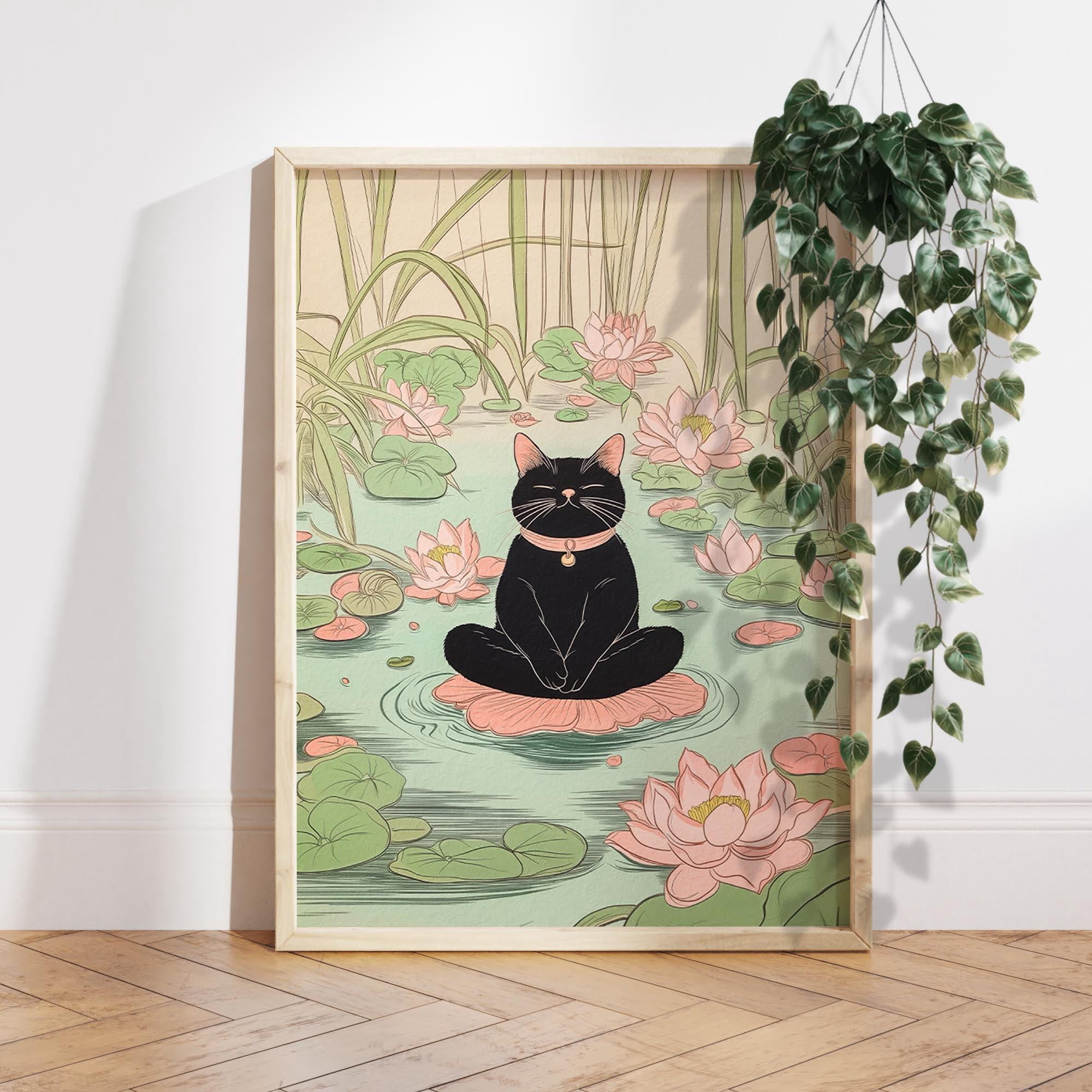 Blac Cat Doing Yoga in Japanese Gargen Print, Lotus Flower Pond Cat Poster, Spiritual Cat wall art, Neutral print, Unique Cat Gift PS0741, Poster Only