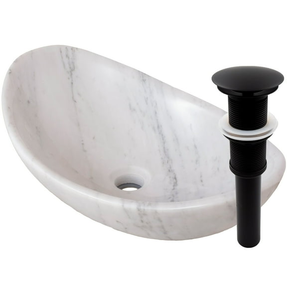 Novatto NOSV-CWSMB White Carrara Marble Natural Stone Slipper Vessel Sink with Matte Black Umbrella Drain