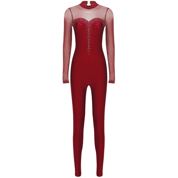 LiiYii Women's Rhinestone Figure Ice Skating Jumpsuit Gymnastics Leotard Unitard Full Body One Piece Burgundy M