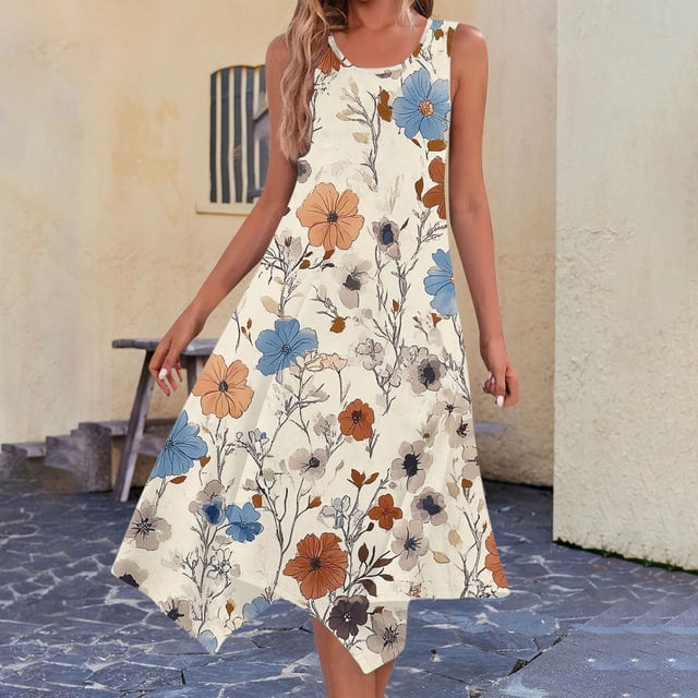 Ovzne Robes Femmes Robe Femmes Mode Été Imprimé Sans Manches Col Rond Décontracté Débardeur Robe Vacances Robe Imprimée Liquidation