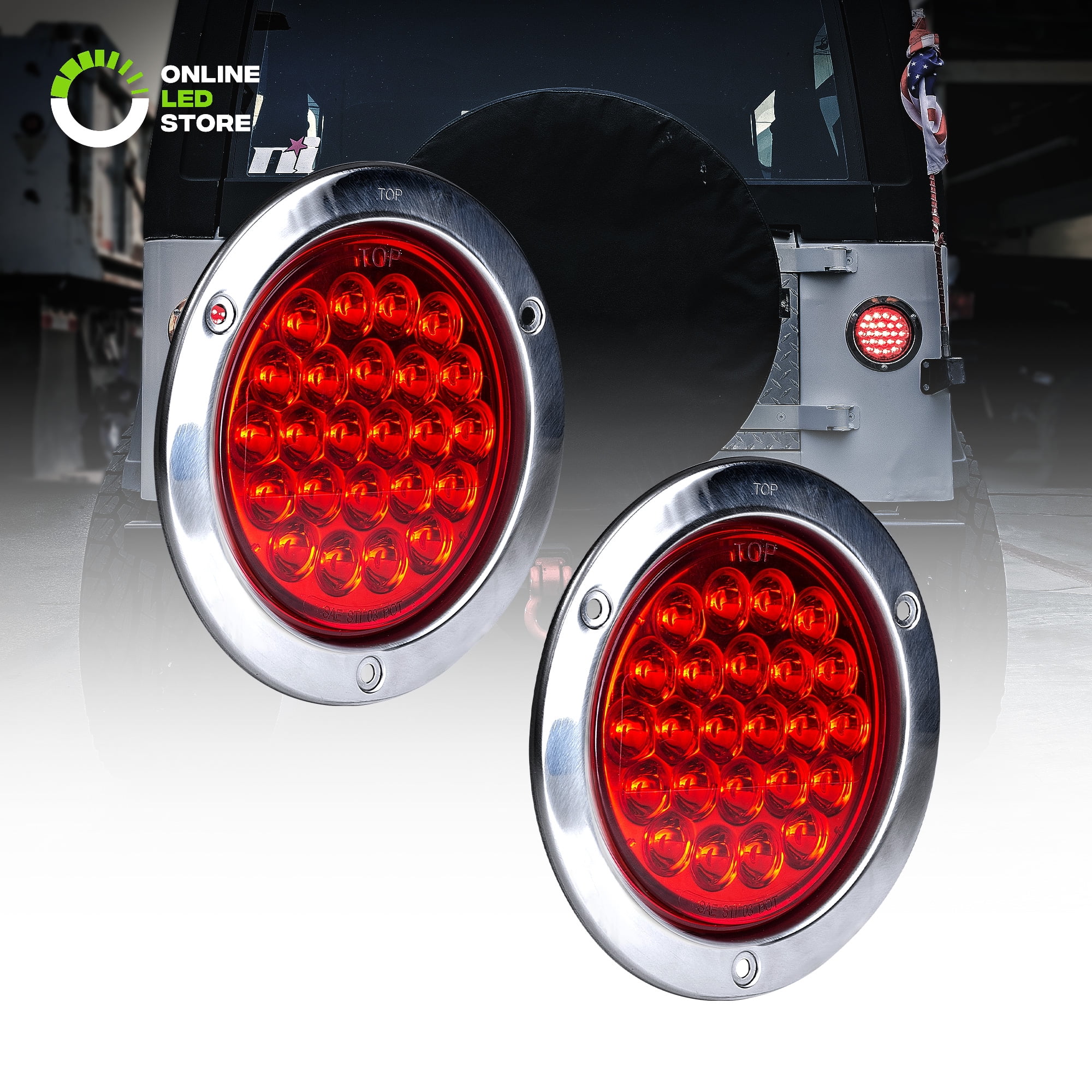 OTOW 4” Round Red LED Trailer Tail Lights with Stainless Steel Bezel/DOT Certified/Grommet & Plug Included/Stop Break Lights for Trucks Jeeps RVs Boats Turn 1 Pair 