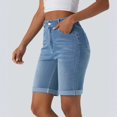 thumbnail image 2 of Yifymode Women's High Waisted Stretchy Bermuda Jean Shorts, Loose Straight Leg Rolled Hem Denim Shorts,Light Blue XL, 2 of 5