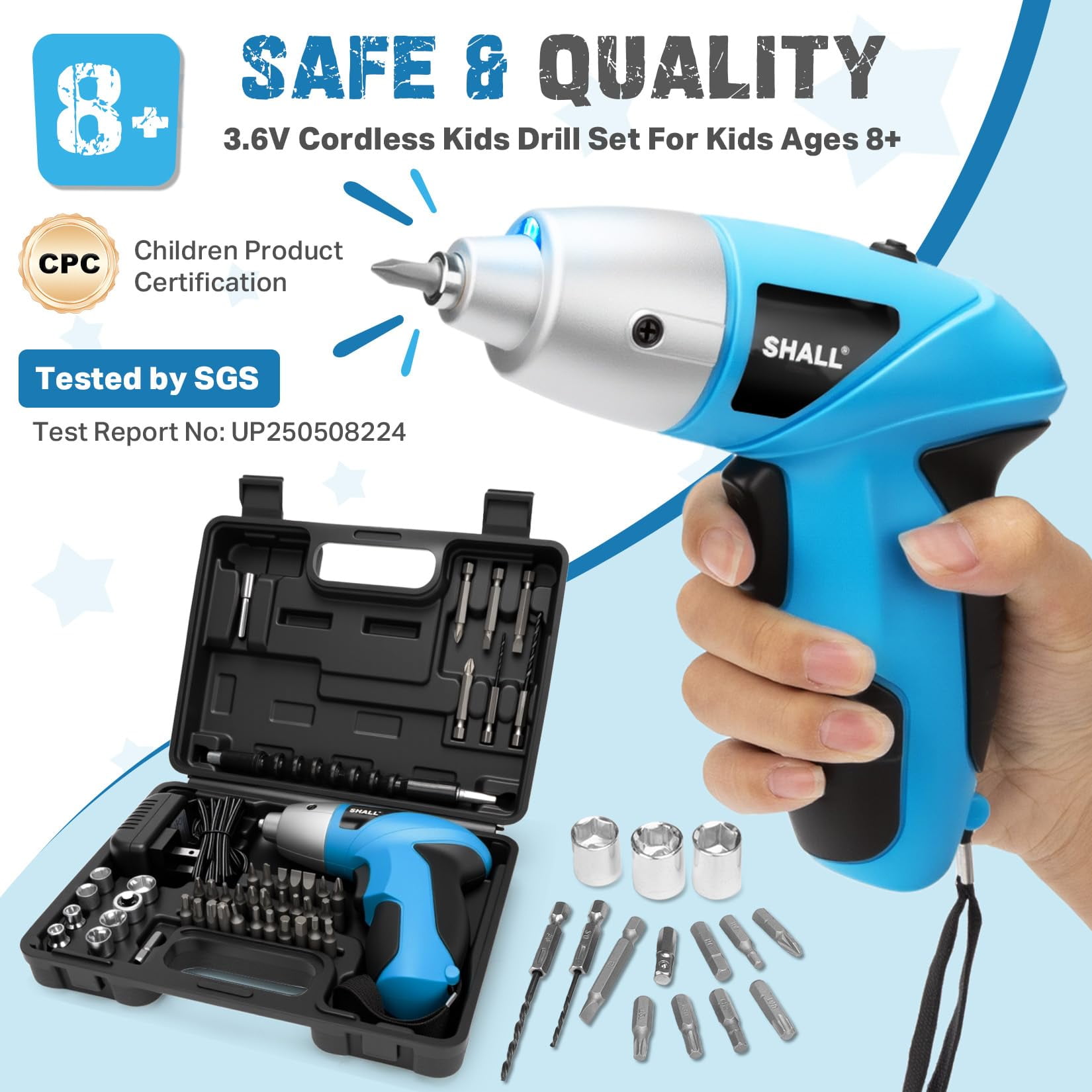 SHALL 47-Piece Kids Real Cordless Power Drill Set, Safety Certified Electric Screwdriver W/Screwdriver Drill Bits, Socket, Flexible Shaft, Carrying Case, DIY Construction Tool Kit for Children Age 8+