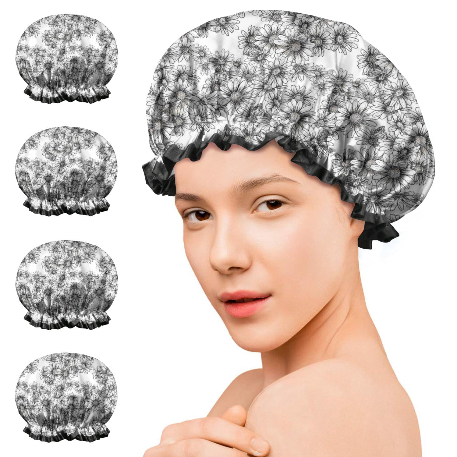 Shower Caps,White Daisy Pattern Waterproof Shower Cap for Women 4 Pieces,Double Reusable Hair Cover for Shower PEVA Elastic Stretch Hem