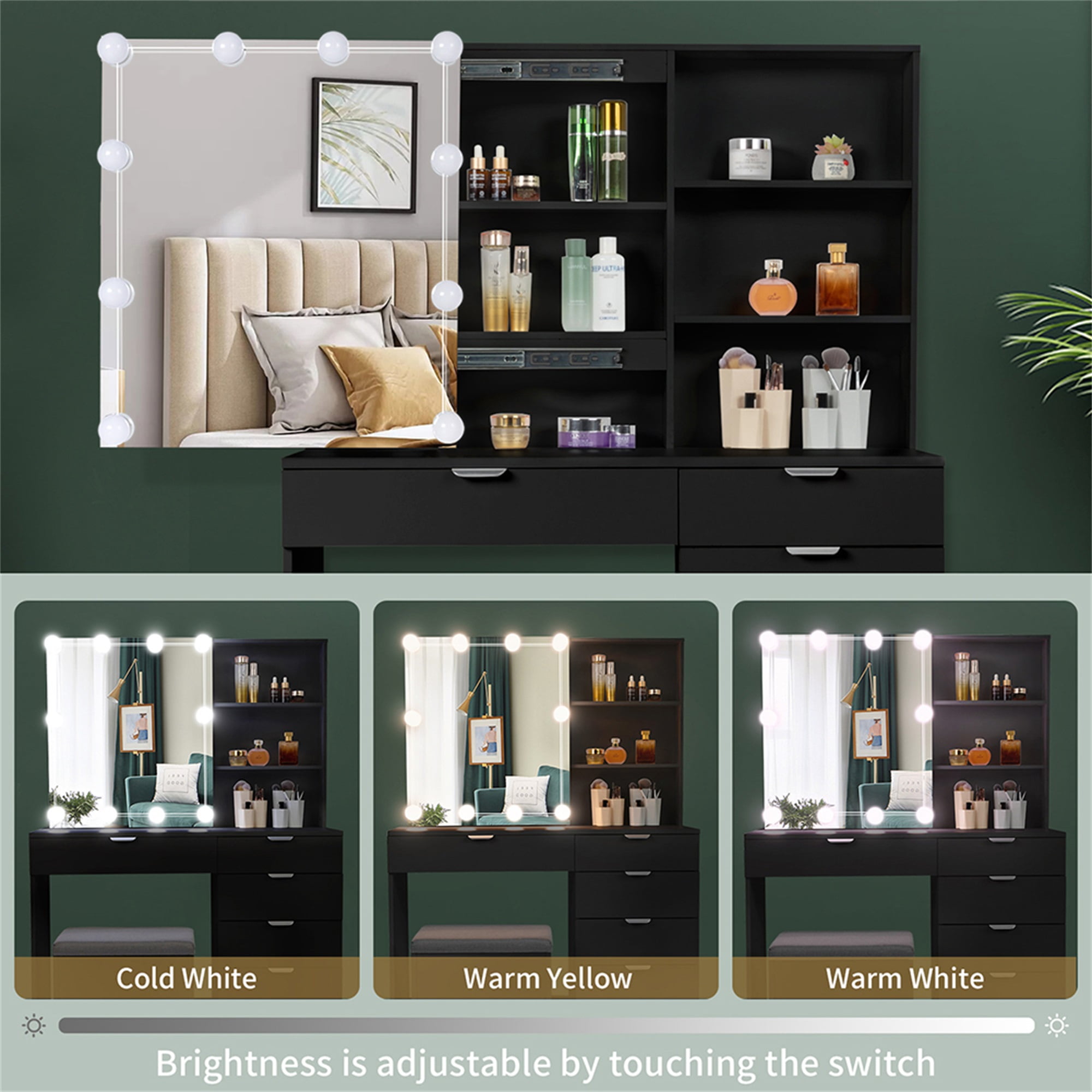 Kadyn Make Up Vanity Desk with 6 Pumps 2 Shelves Mirror Cabinet 3 Tone Light Bulbs, Vanity Table and Chair Set, Black Kadyn Make Up Vanity Desk with 6 Pumps 2 Shelves Mirror Cabinet 3 Tone Light Bulbs, Vanity Table and Chair Set, Black