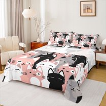jejeloiu Cartoon Cute Kitten Queen Sheet Sets,Kawaii Pet Cat Flat Sheet,Pink Gray Black Queen Fitted Sheet For Girls Kids,Super Cozy Room Decor,4pcs