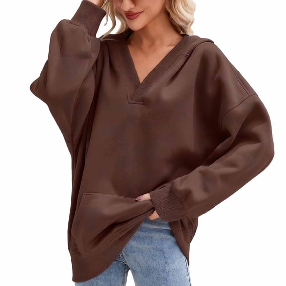 HGIEYS Womens Oversized V Neck Hoodies with Thumb Hole Pullover Sweatshirts Clothes Fall Fashion Outfits 2026