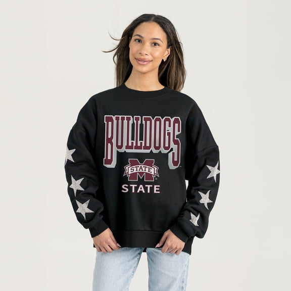 Women's Gameday Couture  Black Mississippi State Bulldogs Pure Victory Relaxed Rhinestone Pullover Sweatshirt