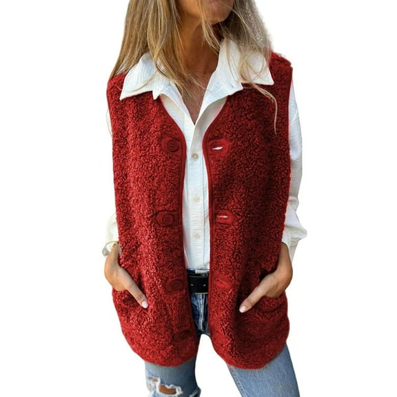 Women V-Neck Fleece Outerwear Vests Plush Button Down Jacket Tops Sleeveless Gilet Coats with Pockets Red M