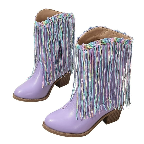 Girls 2024 New Solid Color Leather Fashion Children Western Cowboy Boots Autumn And Winter Casual Kids Tassel Boots Size 9 Girls Boots High Heel Shoes for Girls Boots for Girls Size 9 Big Girl Boots