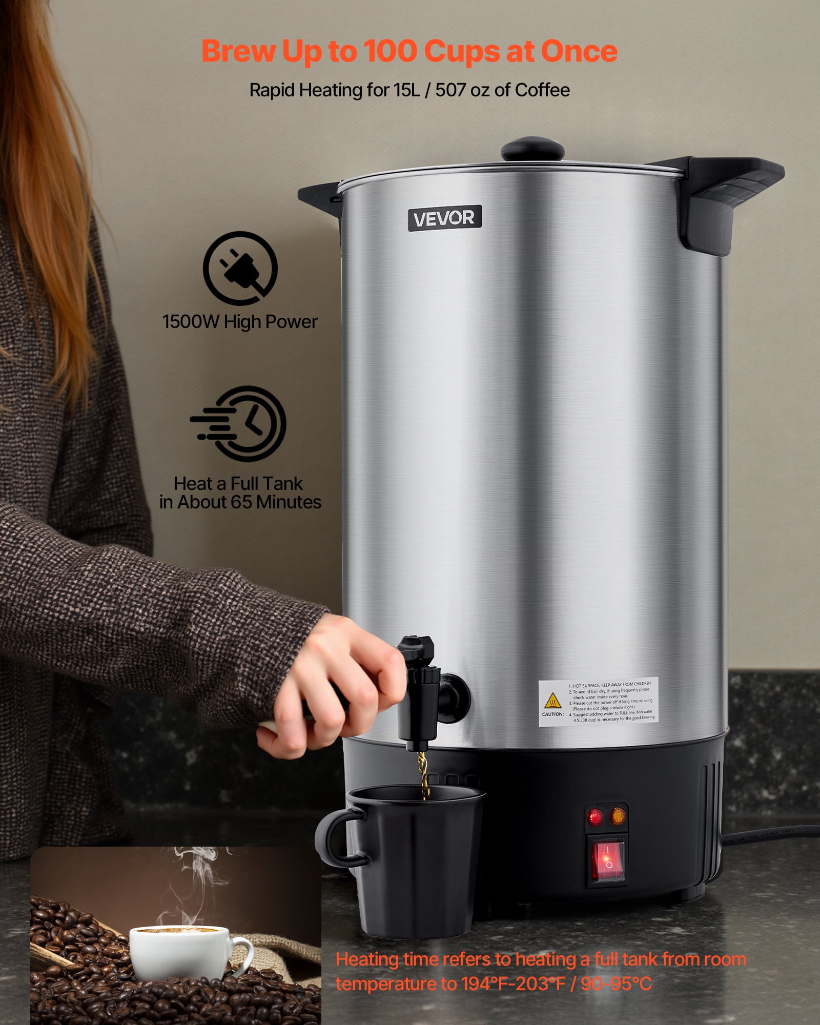 VEVOR Commercial Coffee Urn, 100 Cup 15 L Hot Beverage Dispenser with Dripless Faucet, Quick-Brewing Stainless Steel Large Commercial Coffee Maker, for Catering, Business, Party, Church & Restaurant