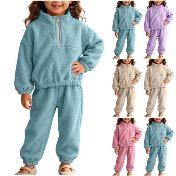 DJDLJWCJ Toddler Girls 2 Piece Fleece Lined Outfit Set Quarter Zip Stand Collar Sweatshirt with Elastic Waist Jogger Pants Pink Size 6-9M