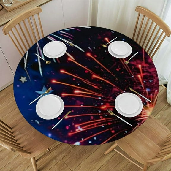 American Flag Round Fitted Tablecloth with Elastic Edge, Independence Day 4th of July Table Cloth Waterproof Wipeable