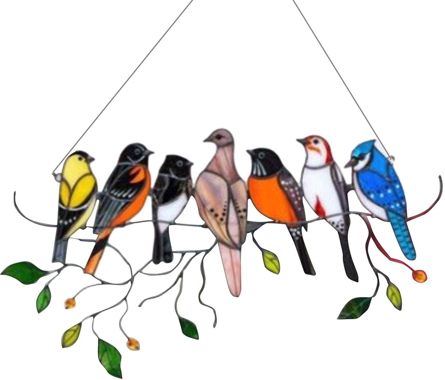 A Gifts for Bird Lover Multicolor Birds on a Wire High Stained Glass Suncatcher Window Panel Bird Series Ornaments Pendant Home Decoration 