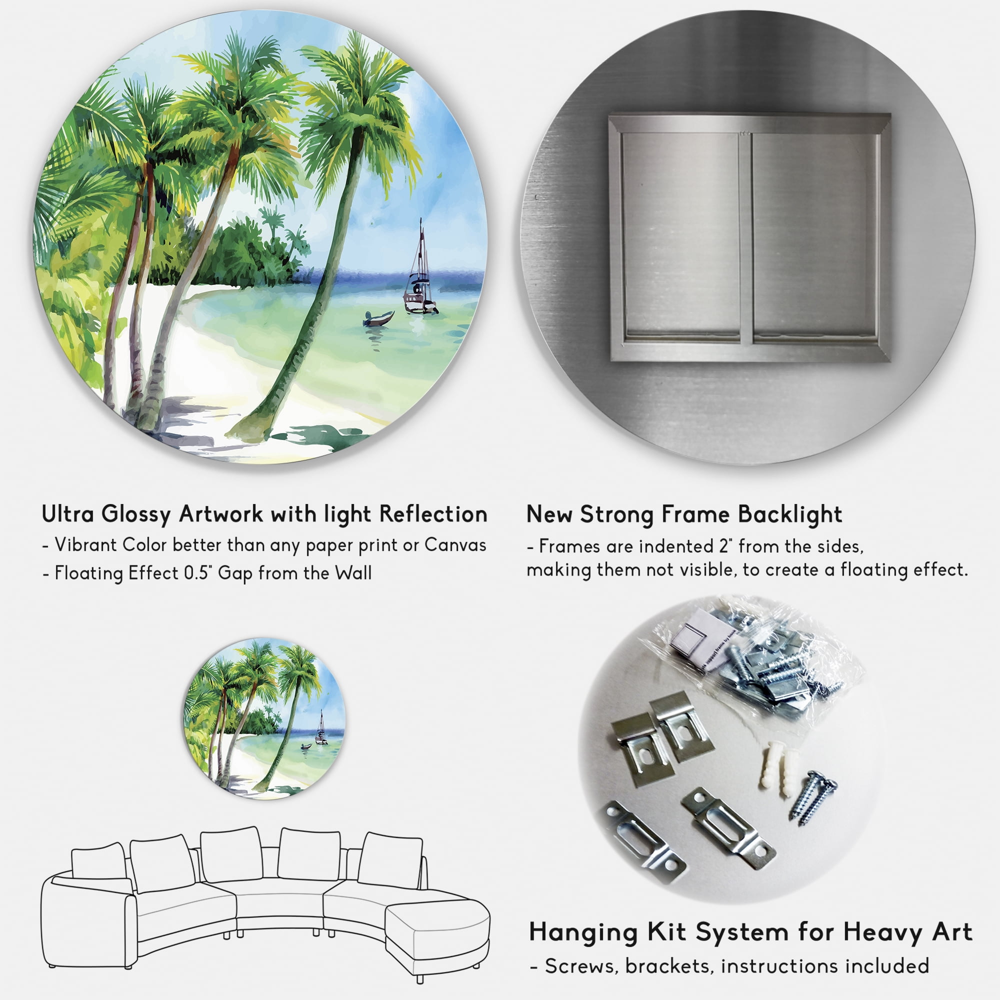 Designart 'Palm Trees With Summer Beach' Nautical & Coastal Circle Metal Wall Art 29x29 - Disc of 29