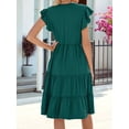 thumbnail image 4 of Women'S Summer Dress V Neck Short Sleeve Midi Sundress Flowy Tiered Beach Dresses with Pockets Dark Green S, 4 of 9