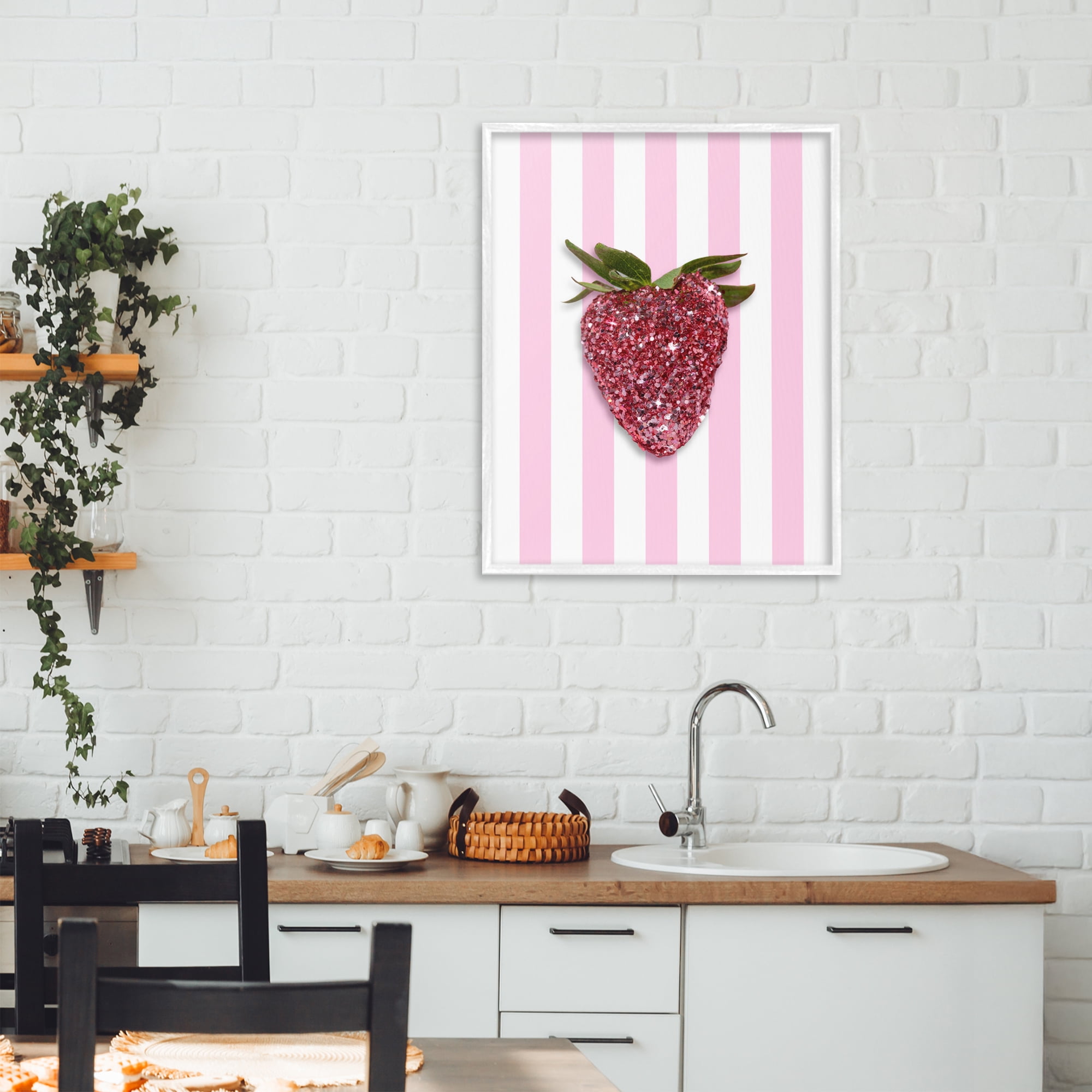 Stupell Industries Glimmer Strawberry on Green Stripes White Framed Giclee Art, design by LISH Creative