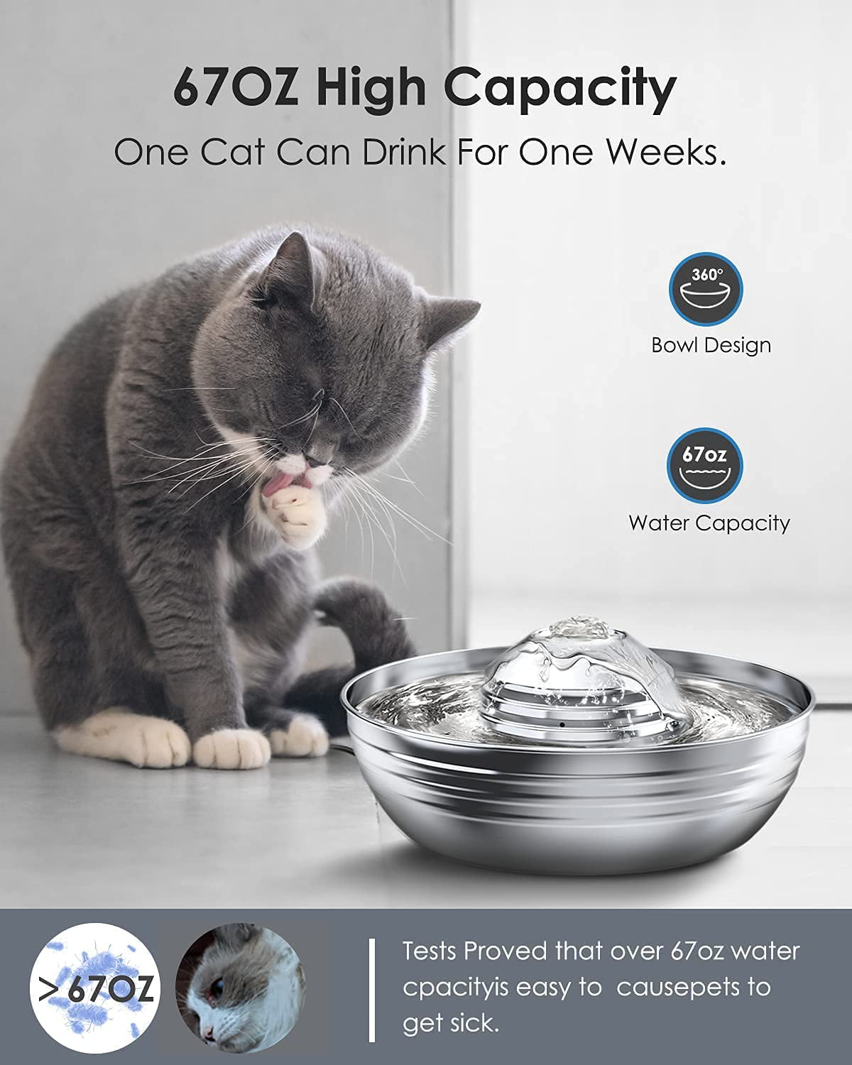 Oneisall 2L/67oz Cat Water Fountain, 304 Stainless Steel Water Fountain for Cats Inside, Pet Water Fountain with 3 Filters & Quiet Pump, Cat Water Bowl with Automatic Filtration System - Silver