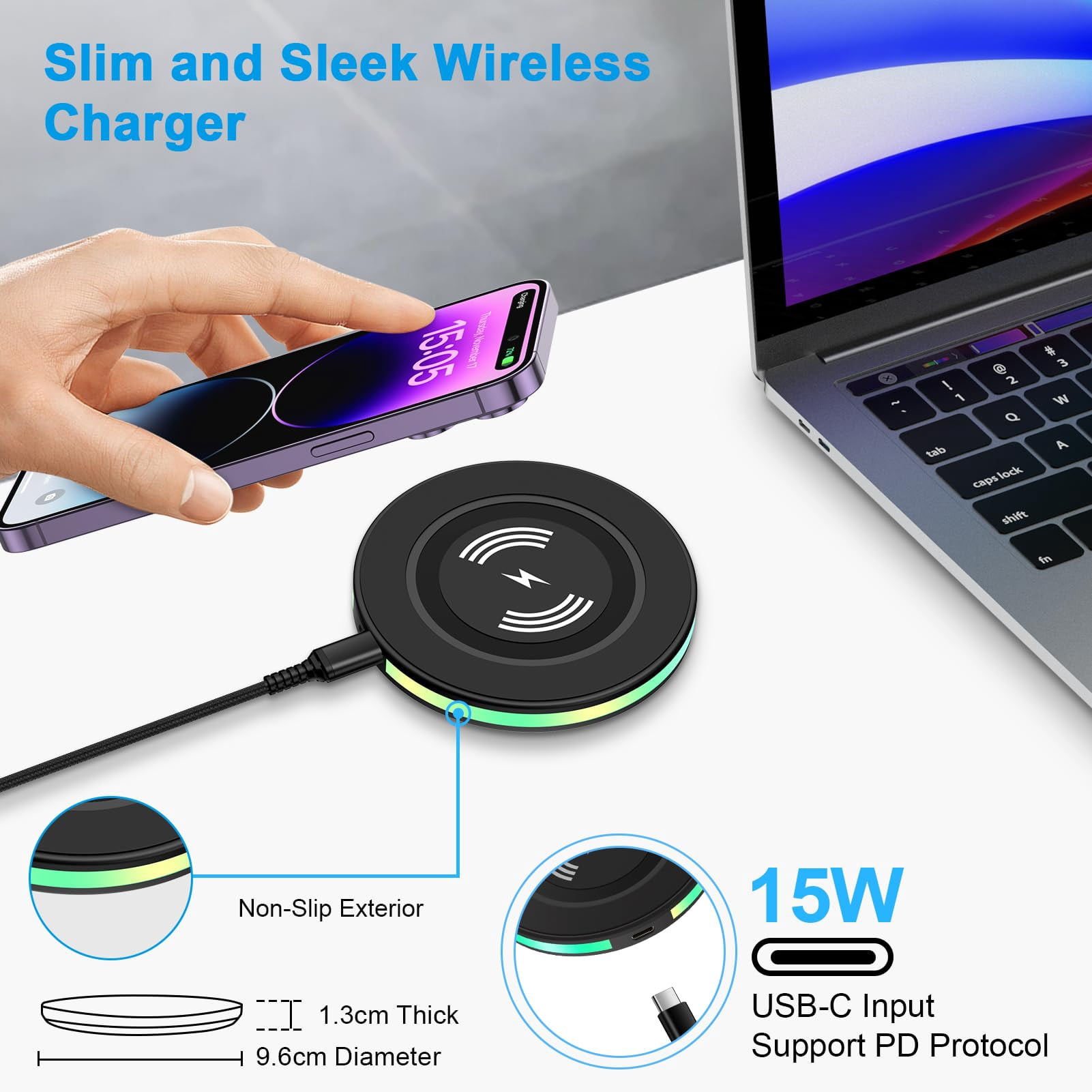 ABCPOW 2PACK 15W Fast Wireless Charger Samsung Android Fast Charging Pad Wireless Charger Mat Wireless Charger Station Compatible for iPhone 17 16 15 14 Samsung Galaxy S24 S23 S22 S21