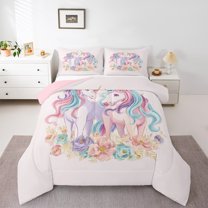 Manfei Chic Unicorn Full Size Comforter Sets,Cartoon Animal Bedding Comforter Set,Colorful Flower Floral Bedding Sets For Girls,Ultra Soft Home Decor Reversible,3-Piece