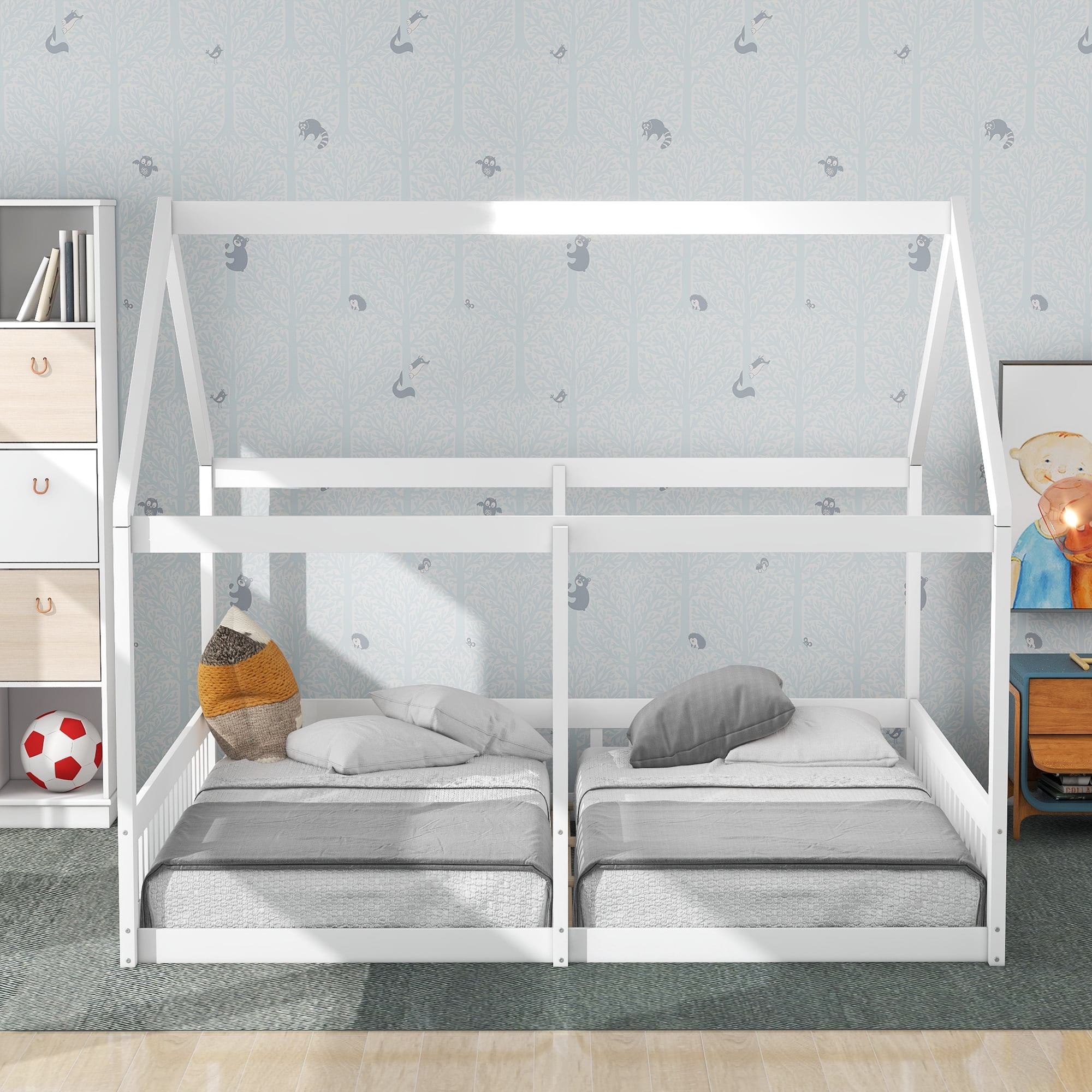 Euroco Modern Wood Two Beds in One Canopy Platform Bed, 2-in-1 Twin Size Bed for Kids Teens Bedroom, White