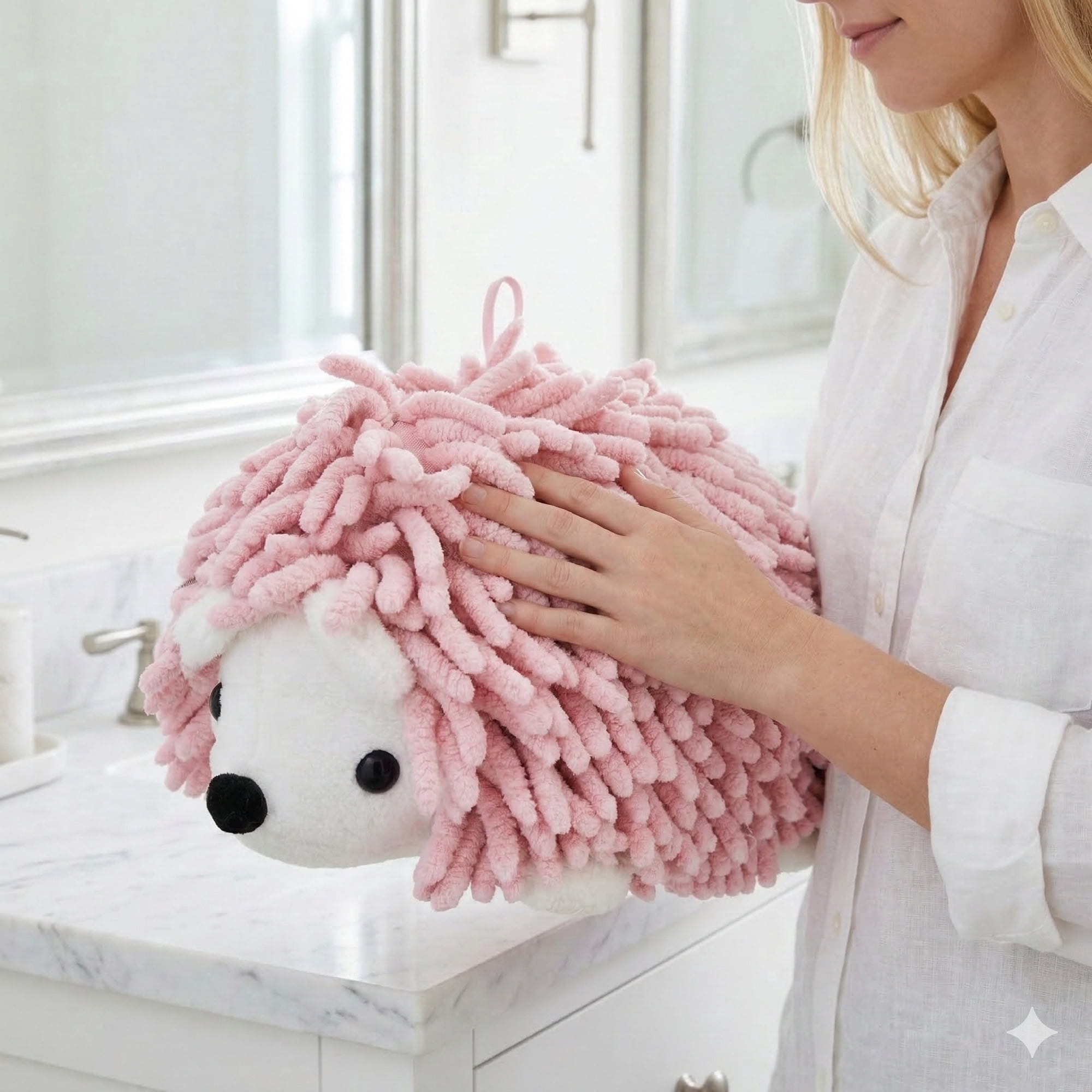 Unique Bargains Animal Chenille Hanging Absorbent Soft Hand Towel Pink/Rose Red 10" x 6"