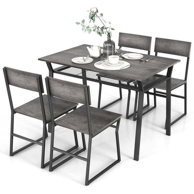 Costway 5 Piece Dining Table Set Industrial Rectangular Kitchen Table with 4 Chairs Grey