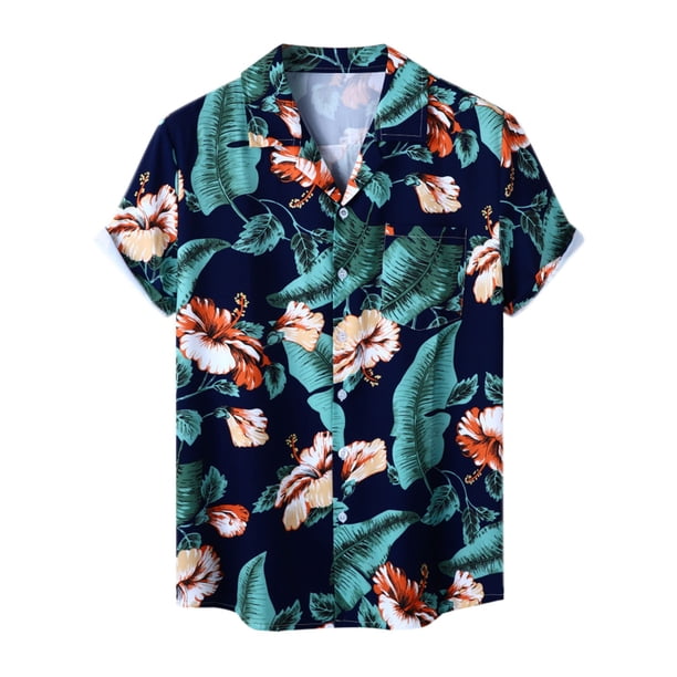 Camisas De Para Hombre Camisas de un solo pecho de primavera y verano para hombre, camisas de vacaciones al libre con bolsillo de manga corta y solapa con estampado informal para playa (Blue, 3XL)