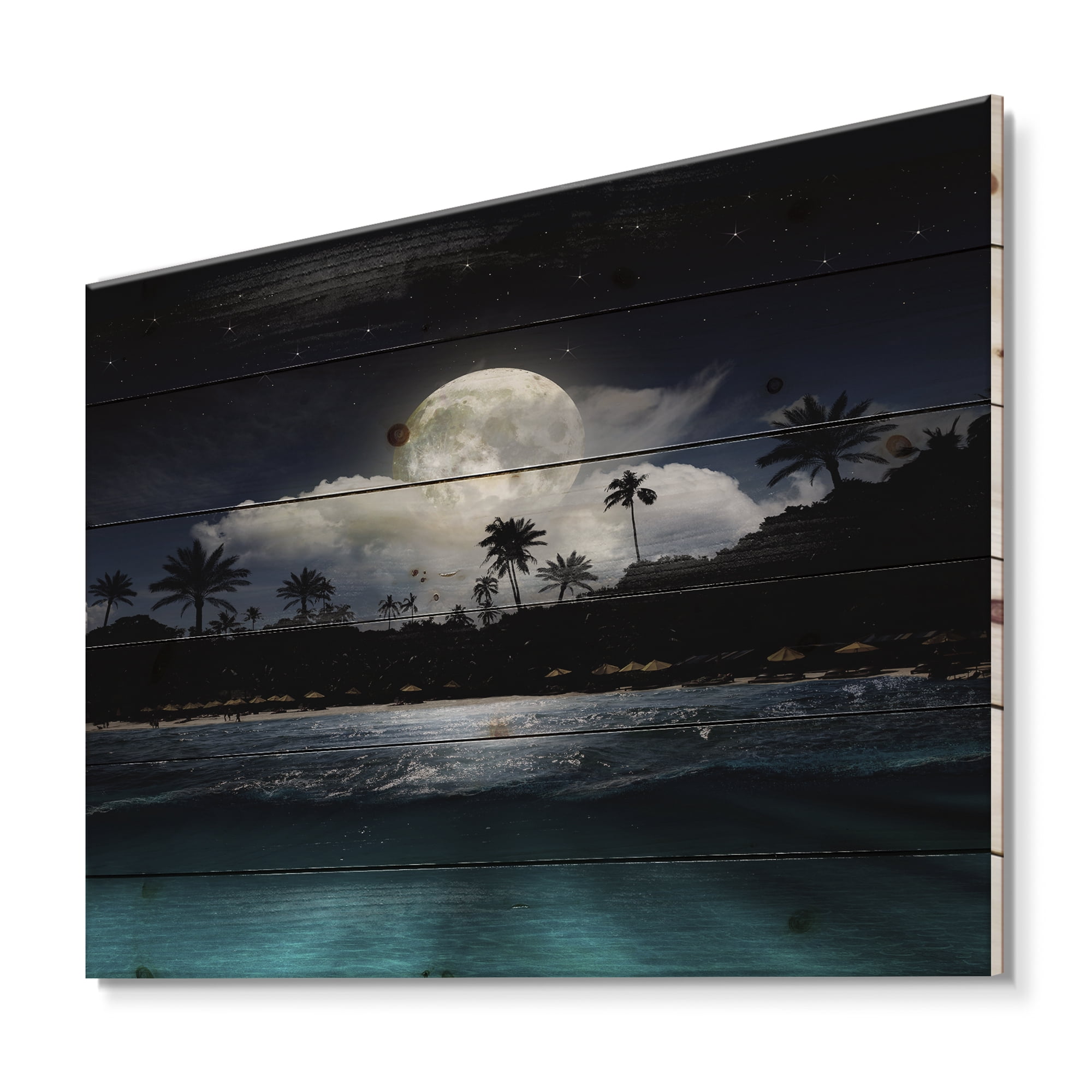 Designart 'Green Beach Under Tropical Full Moon' Modern Print on Natural Pine Wood