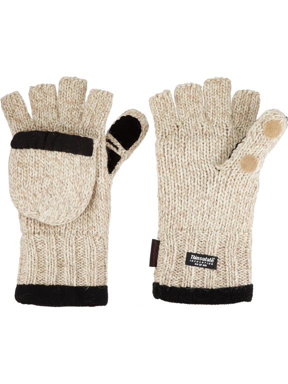 Fleece-Lined Ragg Wool Gloves with Fold-Back Finger Caps and Hand Heat Warmer Pockets, Women's One Size