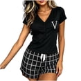 thumbnail image 2 of Mifsaly Summer Pajamas for Women Set Henley V Neck Short Sleeve Sleepwear Tops and Plaid Shorts Soft Comfortable Home Casual Nightwear Black,S, 2 of 5