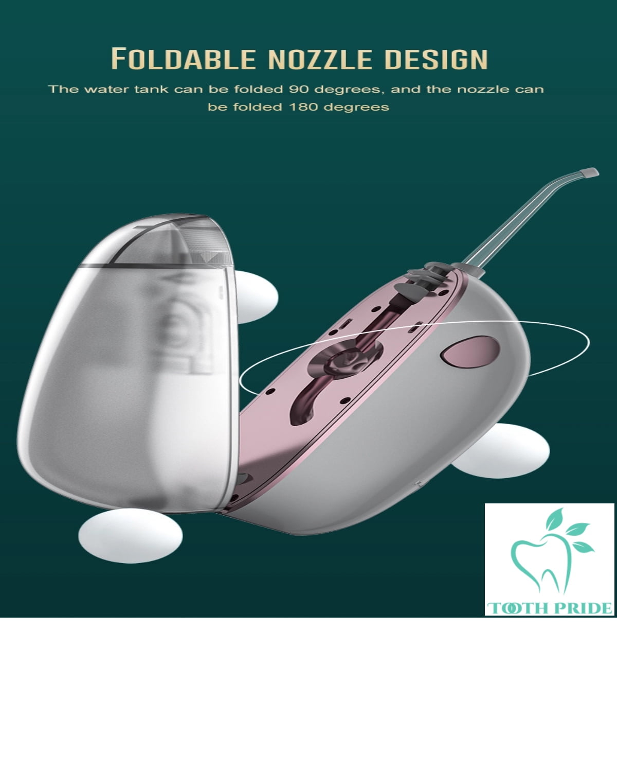 Tooth Pride Cordless Portable Water flosser - Water Safe Dental Oral Irrigator with Foldable Nozzle Head - Powerful Upgraded Water Pressure with Copper Motor Smart Chip Technology