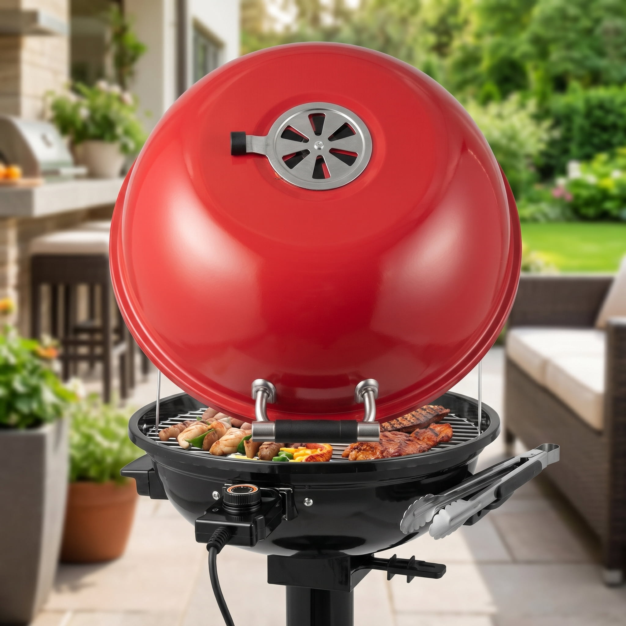 Resenkos Outdoor Patio Barbecue Cooker, Outdoor Grills,1600W Electric BBQ Grill with Removable Non-Stick Warming Rack-Red