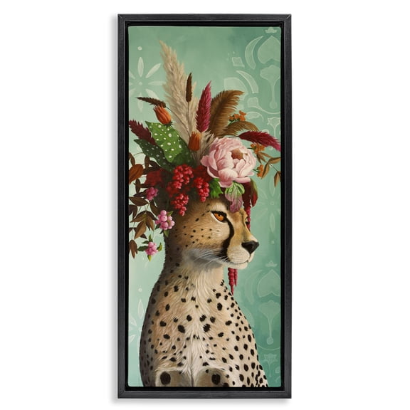 Stupell Industries Elegant Leopard with Flower Arrangement Animals Painting Black Floater Framed Canvas Art Print Wall Art, 11 x 25