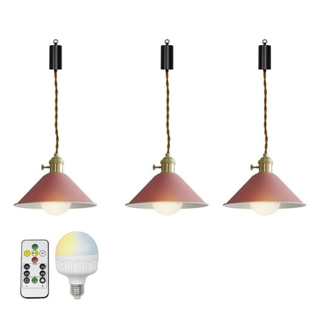 

FSLiving Rechargeable Battery Remote LED RGB Bulb Adjusted Cord Hanging Light Pink Metal Cone Shade Vintage Design Pendant Light for Kitchen Bar Easy to Charge & Install Bulb Included - 3 Lamps