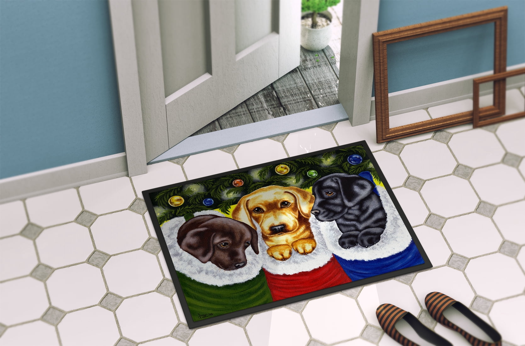 Christmas Stocking Surprise Labrador Door Mat