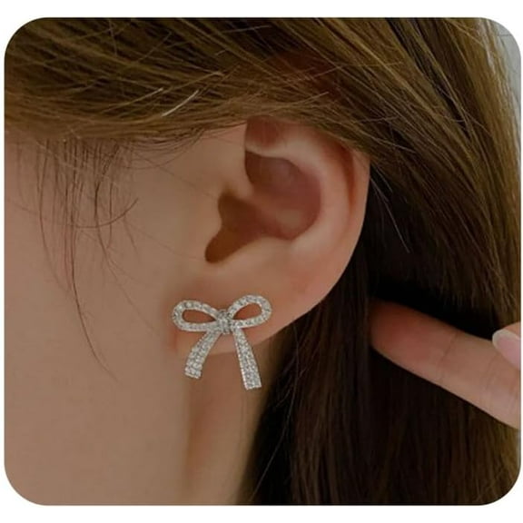 Cute Bow Earrings for Women Shiny Rhineston Bowknot Stud Earrings Delicate Lightweight Ribbon Zircon Earrings Trendy Party Prom Christmas Jewerly Gifts