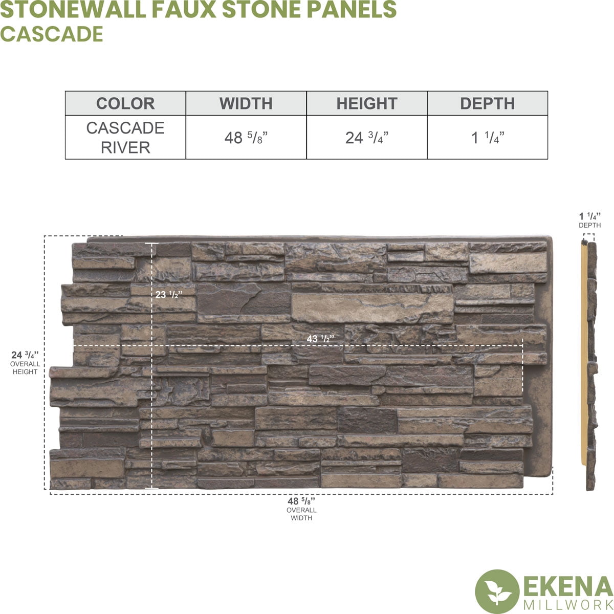 Ekena Millwork 48 5/8"W x 24 3/4"H x 1 1/4"D Cascade Stacked Stone, EverStone Faux Stone Siding Panel, Cascade River
