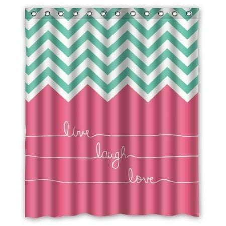 Teal Green Decor GreenDecor Hipster Quotes Live Love Laugh In Teal And Pink Chevron Zigzag Waterproof Shower Curtain Set with Hooks Bathroom Accessories Size 60x72 inches ()