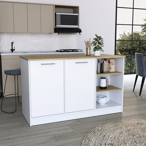 Rectangular White - Natural Walnut Kitchen Island With Three Open Shelves And Two Hidden Compartments Stationary In Cabinets